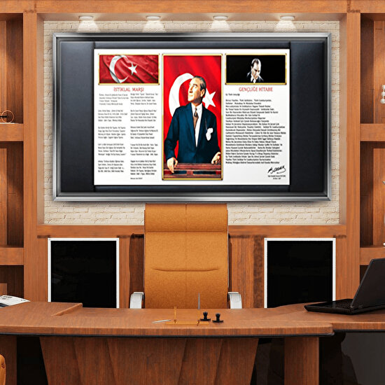 Dekorme Gümüş Çerçeveli Atatürk İstikala Marşı Makam Odası Kanvas Tablo