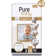 Pure Baby Organik Pamuklu Cırtlı Bez 3'lü Paket 3 Numara Midi 168 Adet
