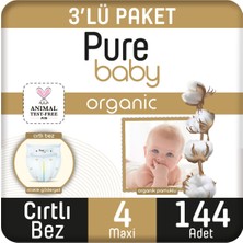 Pure Baby Organik Pamuklu Cırtlı Bez 3'lü Paket 4 Numara Maxi 144 Adet