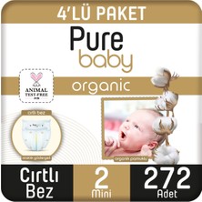 Pure Baby Organik Pamuklu Cırtlı Bez 4'lü Paket 2 Numara Mini 272 Adet