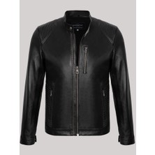 Derimont Deri Siyah Omuzdan Düz Çizgili Çift Fermuarlı Üç Cepli Erkek Deri Mont