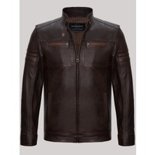 Derimont Deri Kahverengi Koldan Düz Çizgili Fermuarlı Dört Cepli Erkek Deri Mont