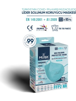 Musk N95 Turkuaz Renkli Koruyucu Maske 10 Adet Yüksek Filtrasyon Ve Rahat Kullanım