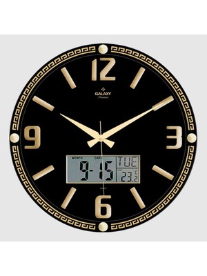 Galaxy Premium Kabartma Rakam Termometreli ve Takvimli Duvar Saati Gold-Siyah