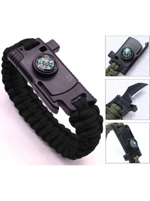 Kamp Aletleri 9595 Pusulalı & Bıçaklı Paracord Bileklik Siyah