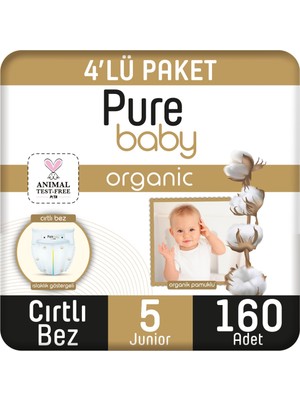 Pure Baby Organik Pamuklu Cırtlı Bez 4'lü Paket 5 Numara Junior 160 Adet