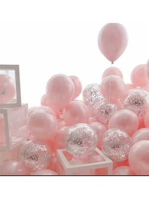 Beysüs Macaron Pembe Gümüş Konfetili Şeffaf BALON12 Inç 20 Adet