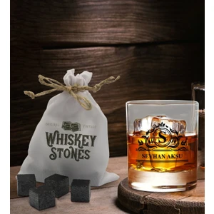 Bk Gift Kişiye Özel Isimli Viski Bardağı ve 6'lı Doğal Granit Viski Soğutma Taşı Seti - Model 12