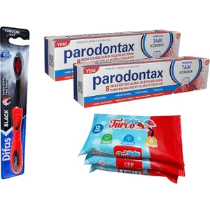 Paradontax Feralık Tam Koruma Diş Macunu 100 ml (50 ml X 2) + Difaş Black Yumuşak Diş Fırçası + Baby Turco Mini Islak Havlu