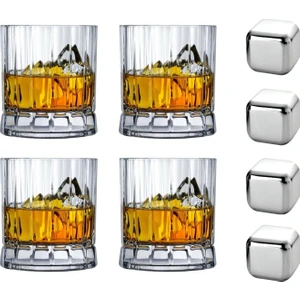 Nudeglass 68174 Wayne Kristal Viski Bardağı ve Paslanmaz Viski Taşı Seti - 8 Parça