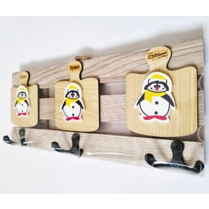 Ahşap El Yapımı 3 Çift Askılı Penguen Dekorlu Duvar Askısı - Anahtarlık & Banyo - Mutfak Askısı