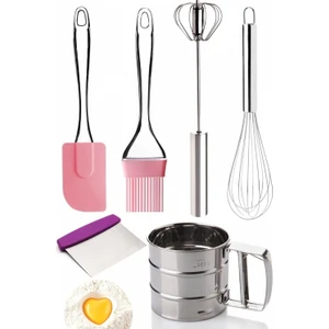 Tilbe Home Hamur Kesici Tel Çırpıcı Un Eleği Çelik Basmalı Yumurta Çırpıcı Silikon Yağ Fırçası Silikon Spatula