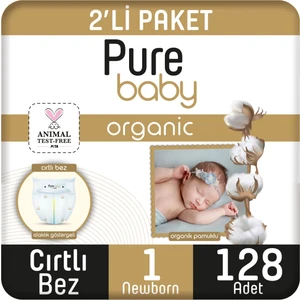 Pure Baby Organik Pamuklu Cırtlı Bez 2'li Paket 1 Numara Yenidogan 128 Adet