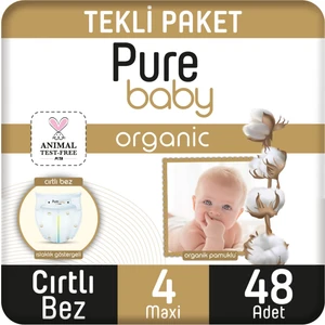 Pure Baby Organik Pamuklu Cırtlı Bez Tekli Paket 4 Numara Maxi 48 Adet