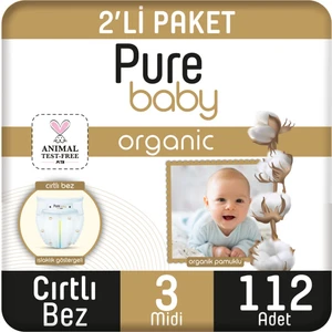 Pure Baby Organik Pamuklu Cırtlı Bez 2'li Paket 3 Numara Midi 112 Adet
