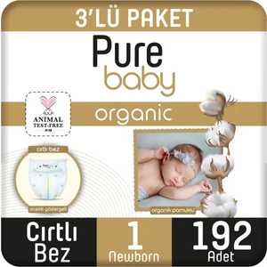 Pure Baby Organik Pamuklu Cırtlı Bez 3'lü Paket 1 Numara Yenidogan 192 Adet