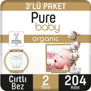 Pure Baby Organik Pamuklu Cırtlı Bez 3'lü Paket 2 Numara Mini 204 Adet