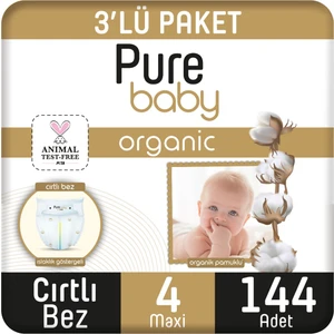 Pure Baby Organik Pamuklu Cırtlı Bez 3'lü Paket 4 Numara Maxi 144 Adet