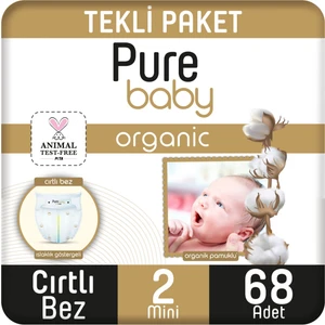 Pure Baby Organik Pamuklu Cırtlı Bez Tekli Paket 2 Numara Mini 68 Adet