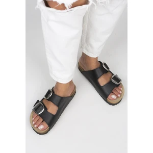 Irene Kadın Deri Çift Tokalı Siyah-Gümüş Terlik