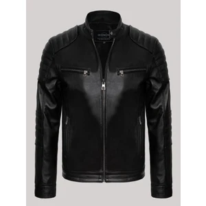 Deri Siyah Omuzdan Düz Çizgili Kolları Fermuarlı Dört Cepli Erkek Deri Mont