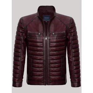 Deri Bordo Çizgi Detaylı Dört Cepli Şişme Erkek Deri Mont