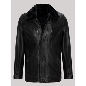 Deri Yakası Kürklü Siyah Dört Cepli Düğmeli Erkek Deri Mont