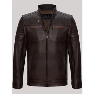 Deri Kahverengi Koldan Düz Çizgili Fermuarlı Dört Cepli Erkek Deri Mont