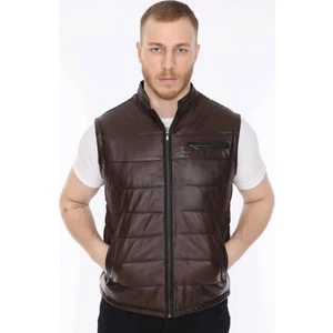 Deri Kahverengi Derby Fermuarlı Erkek Deri Yelek