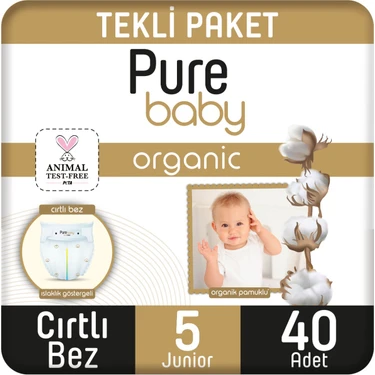 Pure Baby Organik Pamuklu Cırtlı Bez Tekli Paket 5 Numara Junior 40