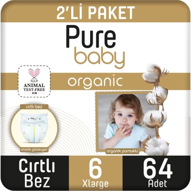 Pure Baby Organik Pamuklu Cırtlı Bez 2'li Paket 6 Numara Xlarge 64