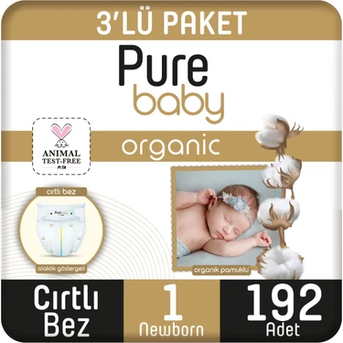 Pure Baby Organik Pamuklu Cırtlı Bez 3'lü Paket 1 Numara Yenidogan 192