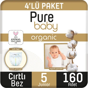 Pure Baby Organik Pamuklu Cırtlı Bez 4'lü Paket 5 Numara Junior 160