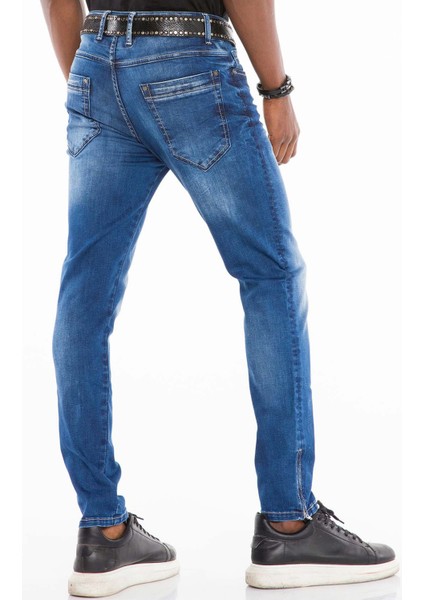 CD502 Paçaları Fermuarlı Yıkamalı Mavi Erkek Dar Jeans
