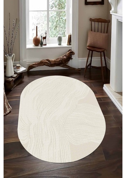 Silik Çizgi Desenli Krem Oval Halı (Makinada Yıkanabilir Kaymaz Dot Taban) - CP1349-2