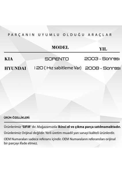 DNC Auto Part Kia Sorento, Hyundai I20 (Hız Sabitleme Var) Için Airbag Zemberek - 93490-2P170