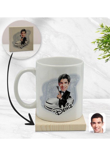 Kişiye Özel Erkek Ajan Karikatürlü Beyaz Kupa Bardak ve Ahşap Bardak Altlığı Hediye Seti - Model 1