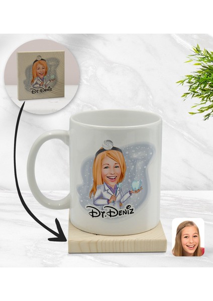Kişiye Özel Kadın Diş Hekimi Karikatürlü Beyaz Kupa Bardak ve Ahşap Bardak Altlığı Hediye Seti - Model 1