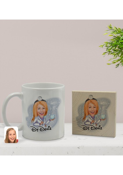 Kişiye Özel Kadın Diş Hekimi Karikatürlü Beyaz Kupa Bardak ve Ahşap Bardak Altlığı Hediye Seti - Model 1 fiyatları