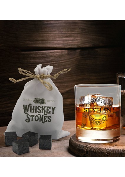 Gift Kişiye Özel Isimli Viski Bardağı ve 6'lı Doğal Granit Viski Soğutma Taşı Seti - Model 19