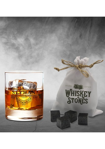 Gift Kişiye Özel Isimli Viski Bardağı ve 6'lı Doğal Granit Viski Soğutma Taşı Seti - Model 19 fiyatları