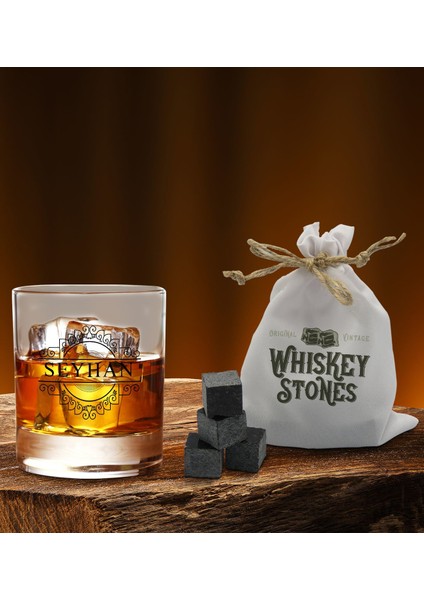 Gift Kişiye Özel Isimli Viski Bardağı ve 6'lı Doğal Granit Viski Soğutma Taşı Seti - Model 19 modelleri