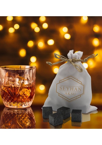 Gift Kişiye Özel Isimli Özel Kesesinde 12’li Doğal Granit Viski Soğutma Taşı Seti - Model 8 modelleri
