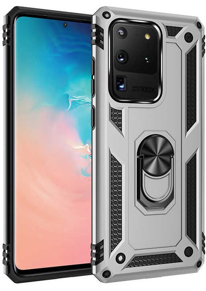 Galaxy S20 Ultra Kılıf Tank Yüzüklü Yüksek Korumalı Silikon - Gri