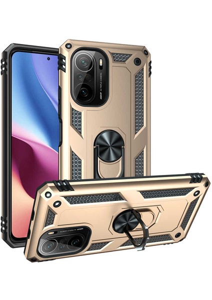 Xiaomi Poco F3 Kılıf Tank Yüzüklü Yüksek Korumalı Silikon - Gold