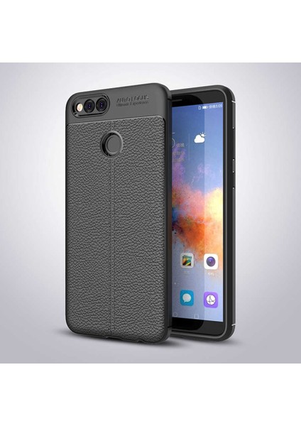 Huawei Honor 7x Kılıf Deri Dokulu Kamera Korumalı Silikon - Siyah