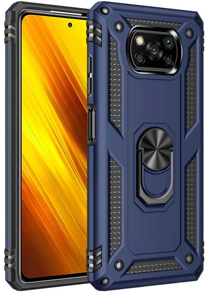 Xiaomi Poco X3 Kılıf Tank Yüzüklü Yüksek Korumalı Silikon - Mavi