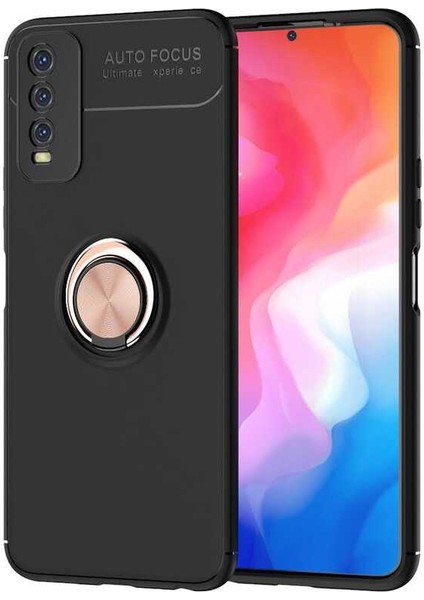 Vivo Y11S Kılıf Yüzüklü Silikon Range - Siyah-Rose Gold