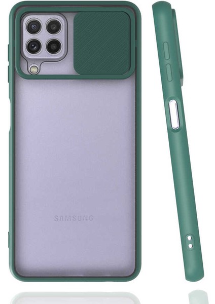 Galaxy M32 Kılıf Lens Sürgülü Kamera Korumalı Silikon - Koyu Yeşil