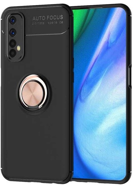 Realme 7 Kılıf Yüzüklü Silikon Range - Siyah-Rose Gold